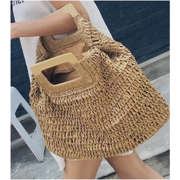 Boho Straw Large Tote top Handle Bag - Picture 4 of 14